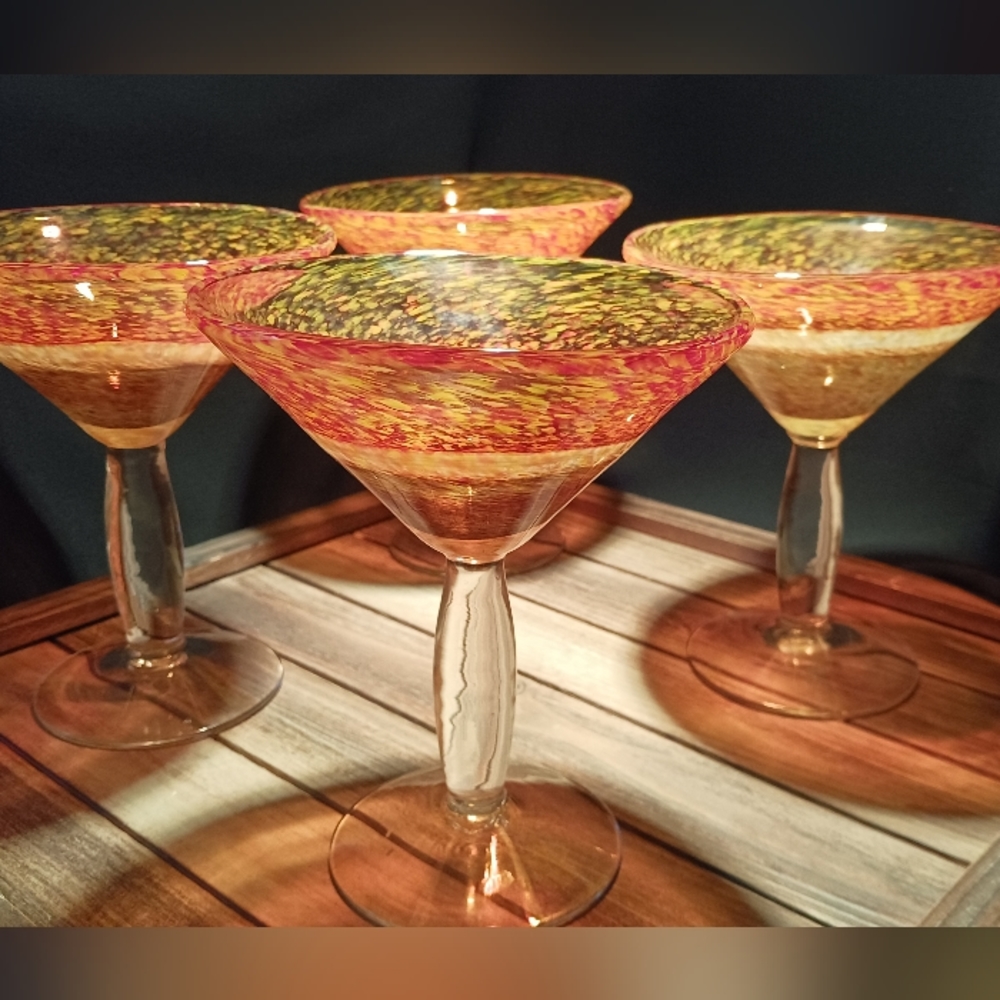 Pier 1 Martini/Cocktail Glasses set of  4 Earth tone stripes 6”T 5”W